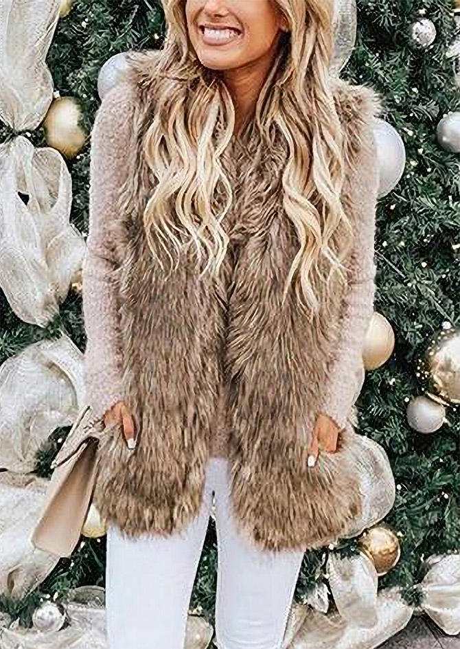 

Faux Fur Waistcoat Vest Coat - Khaki, 522489