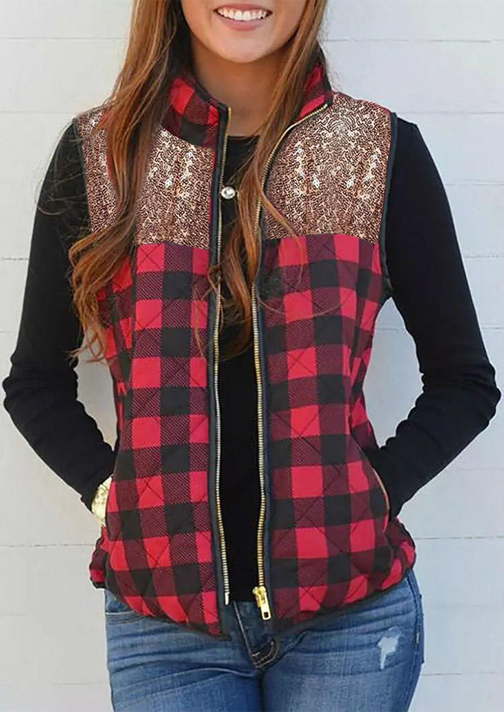 

Plaid Sequined Zipper Pocket Sleeveless Vest Coat, 522491