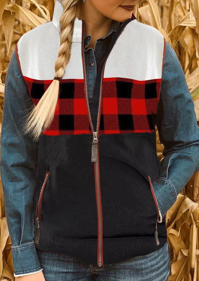 

Christmas Buffalo Plaid Sleeveless Vest Coat, Multicolor, 522495