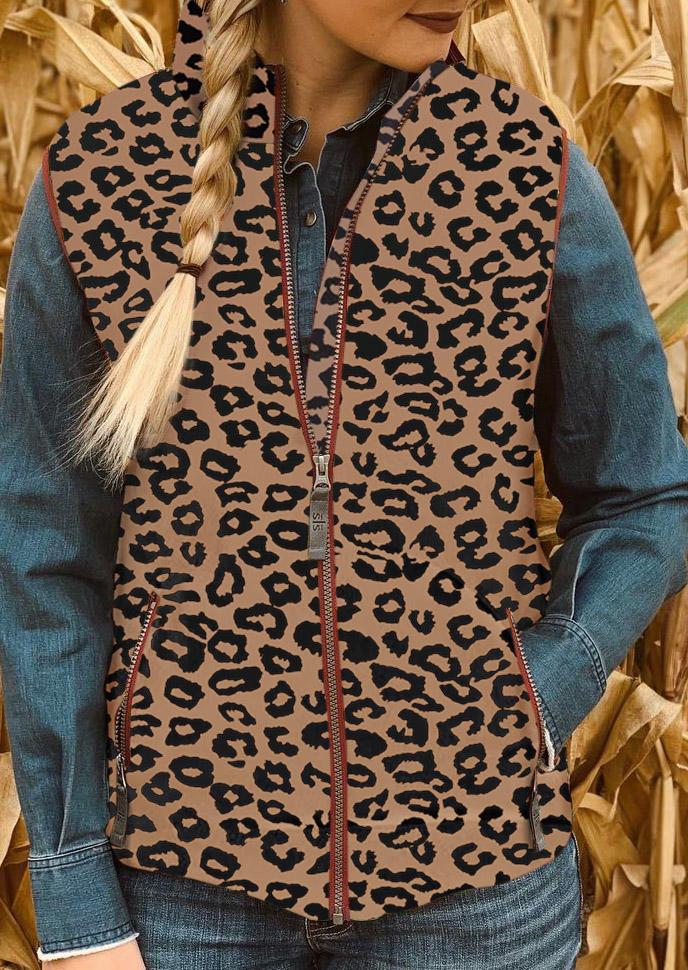 

Leopard Zipper Pocket Sleeveless Vest Coat, 522497