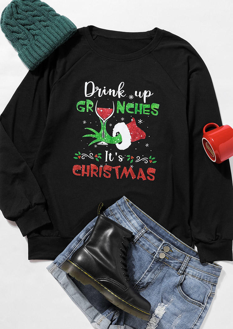 Drink Up It's Christmas Cartoon Hand Sweatshirt - Black