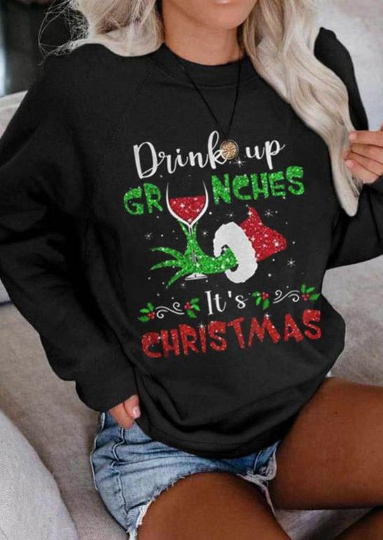 

Drink Up It' Christmas Cartoon Hand Sweatshirt - Black, 522523