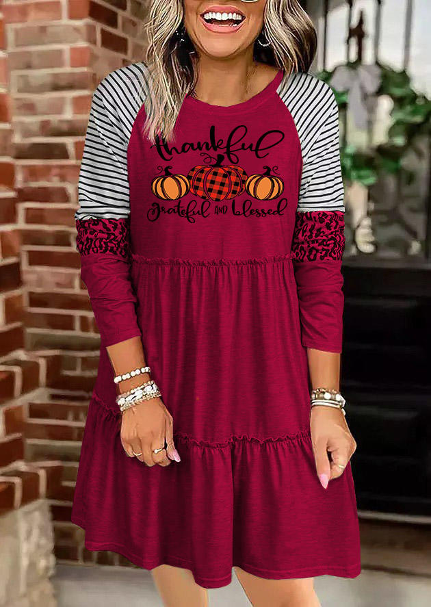 

Thankful Striped Plaid Pumpkin Leopard Ruffled Mini Dress, Red, 522527