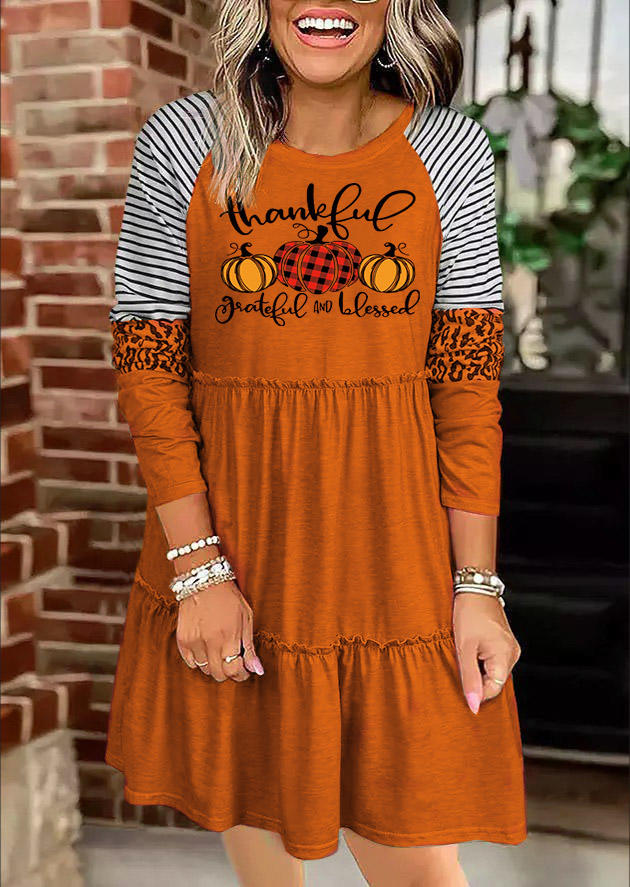 Thankful Striped Plaid Pumpkin Leopard Ruffled Mini Dress