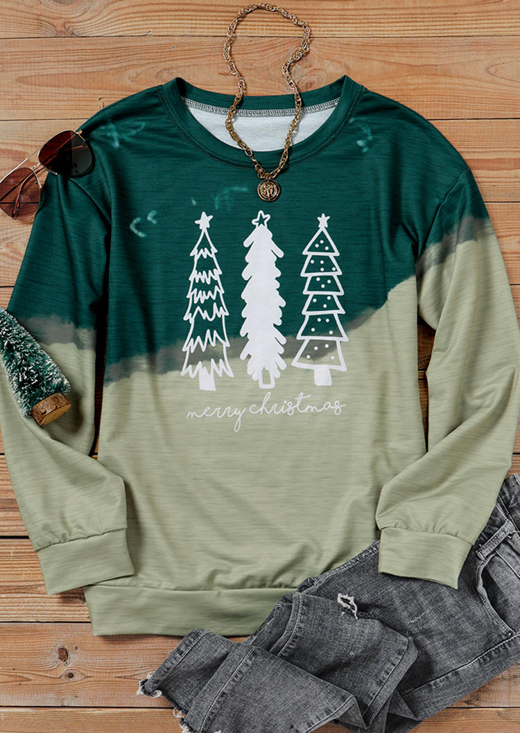 Merry Christmas Tree Gradient Long Sleeve Sweatshirt - Green