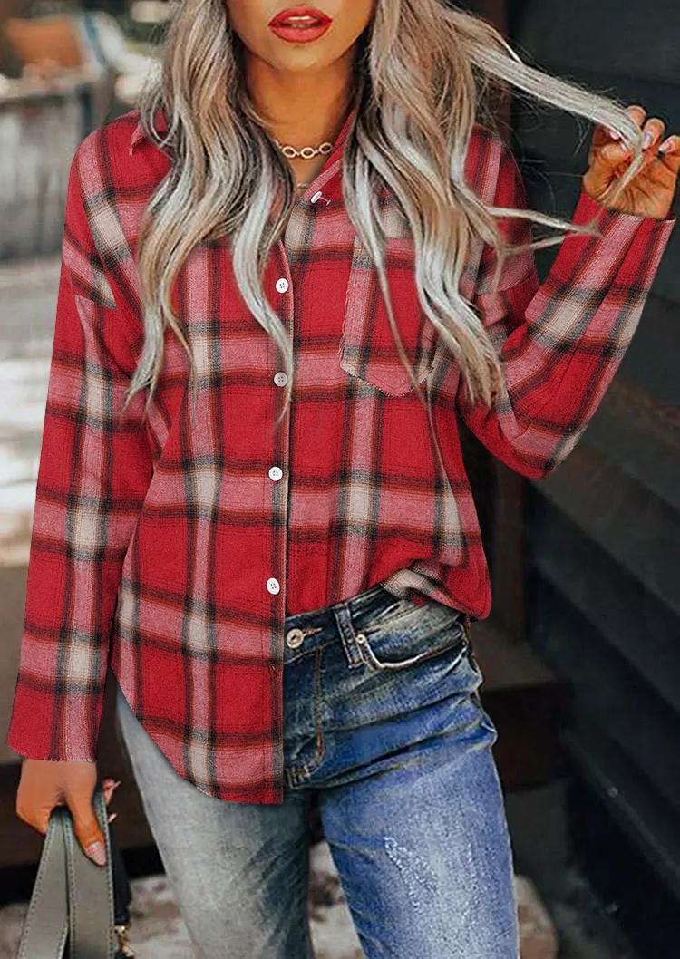 

Plaid Pocket Button Long Sleeve Shirt, 521553