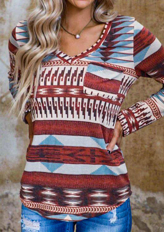 

Aztec Geometric Western V-Neck Blouse, Multicolor, 521595