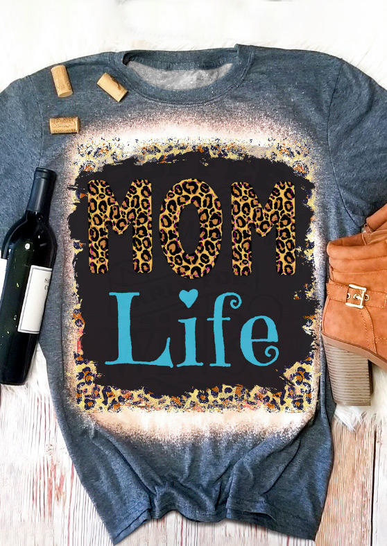 Buy Mom Life Leopard Bleached T-Shirt Tee - Blue. Picture