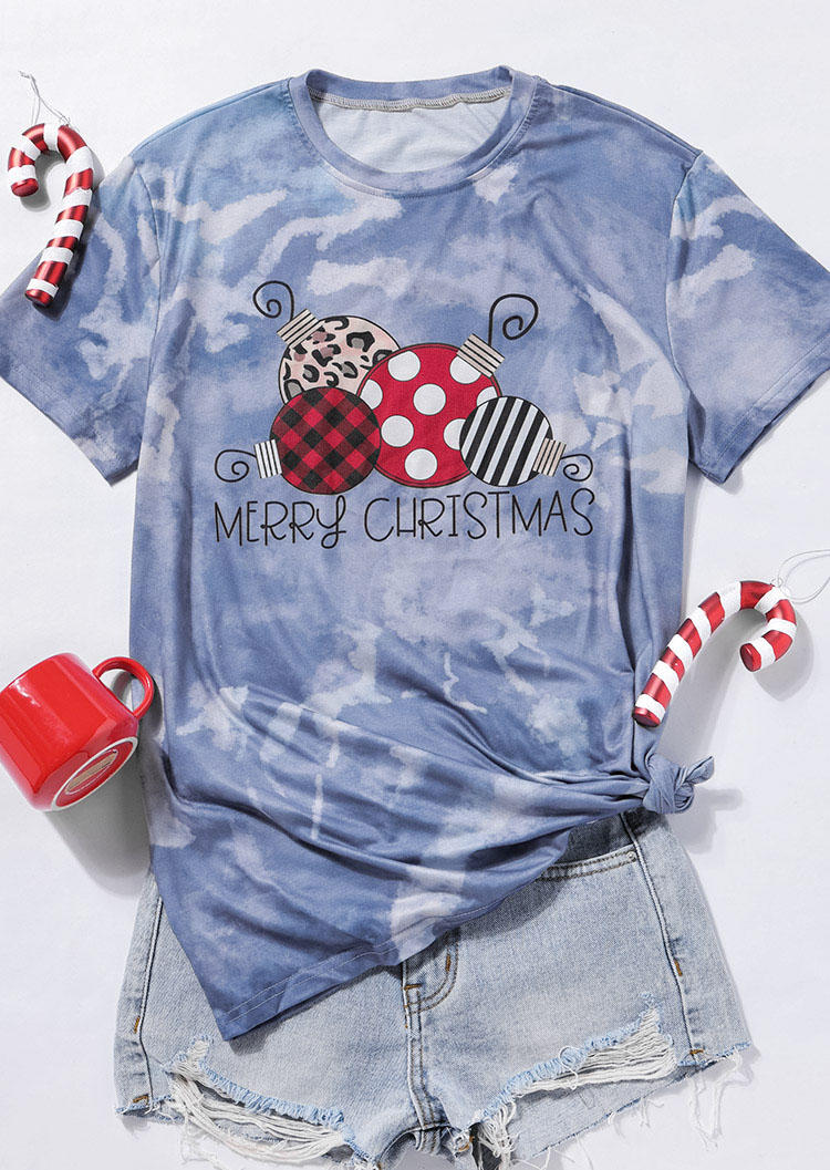 

Merry Christmas Ball Leopard Plaid Bleached T-Shirt Tee - Light Purple, 521834