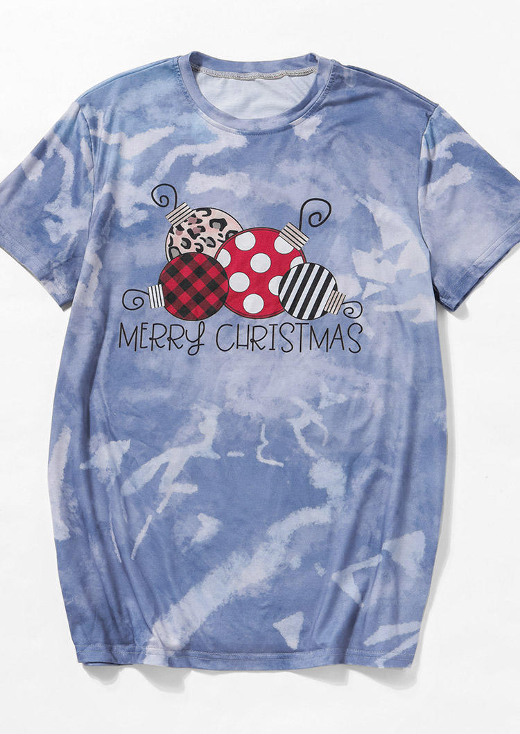 Merry Christmas Ball Leopard Plaid Bleached T-Shirt Tee - Light Purple