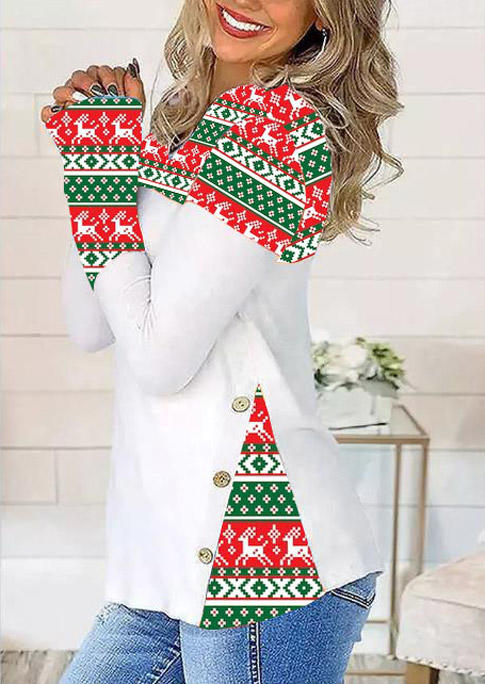

Christmas Reindeer Button V-Neck Blouse - White, 522022