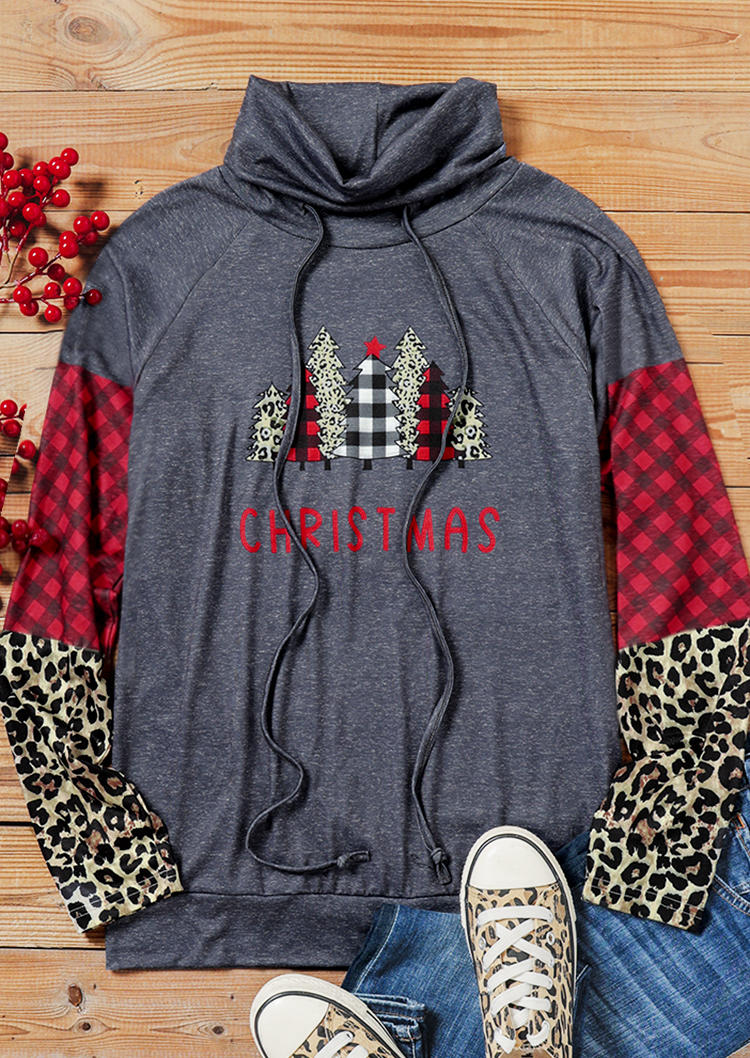 Christmas Tree Plaid Leopard Sweatshirt - Dark Grey