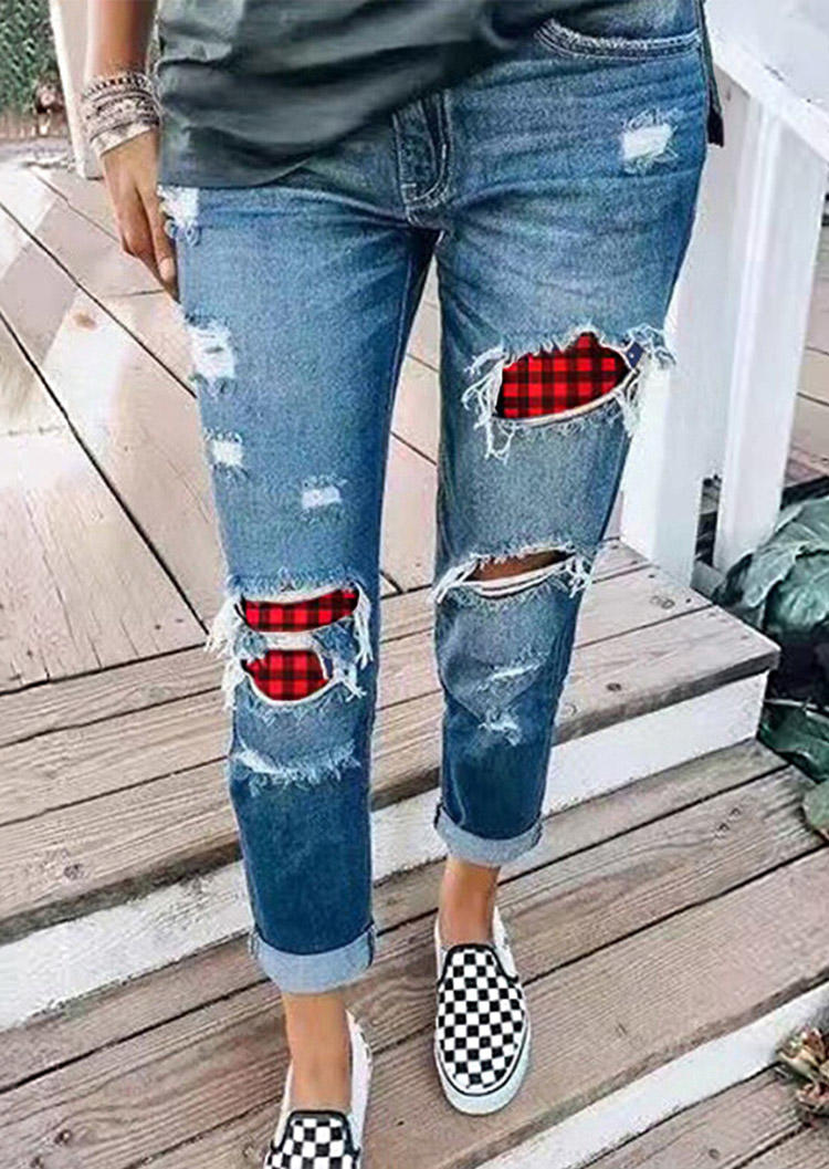 

Plaid Ripped Hole Frayed Pants - Blue, 522456