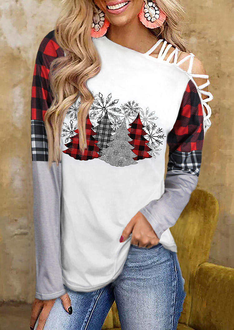 

Buffalo Plaid Tree Cold Shoulder Blouse - White, 522463