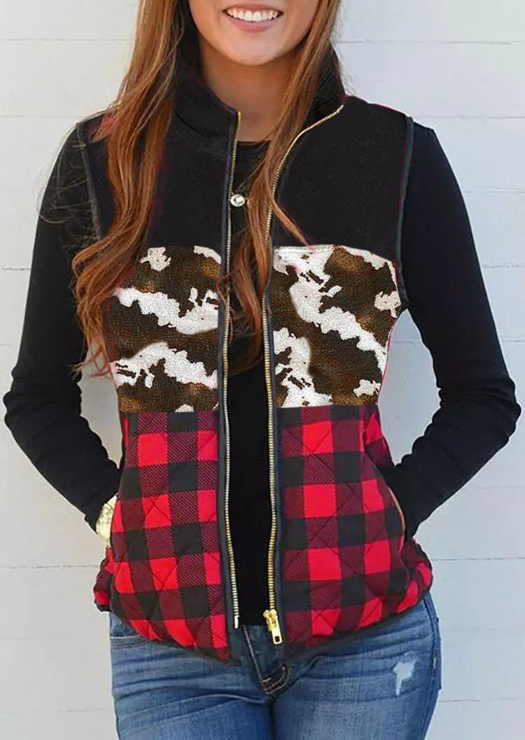 

Buffalo Plaid Cow Pocket Zipper Sleeveless Vest Coat, Multicolor, 522487