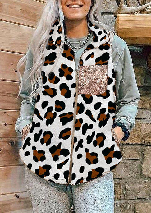 

Leopard Sequined Pocket Plush Sleeveless Vest Coat, 522488