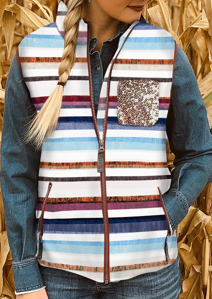 

Sequined Pocket Striped Zipper Sleeveless Vest Coat, Stripe, 522490