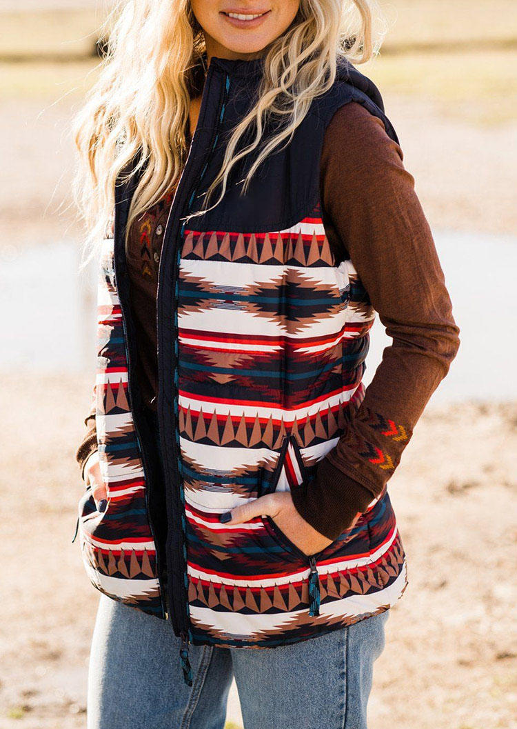 

Aztec Geometric Pocket Hooded Vest Coat, Multicolor, 522493