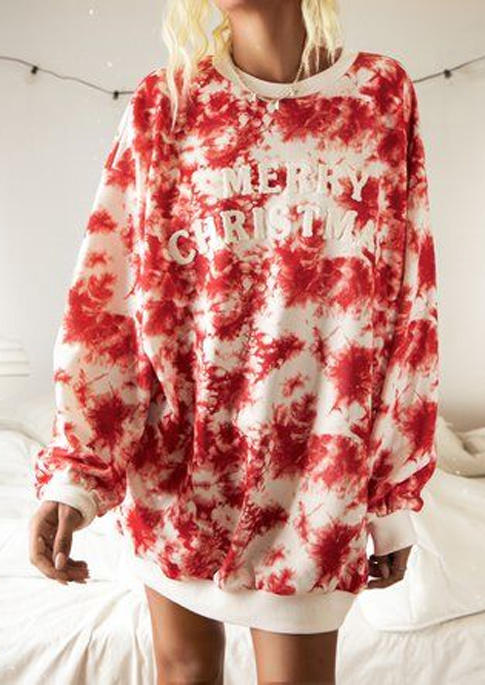 

Merry Christmas Tie Dye Long Sleeve Sweatshirt Mini Dress - Red, 522591