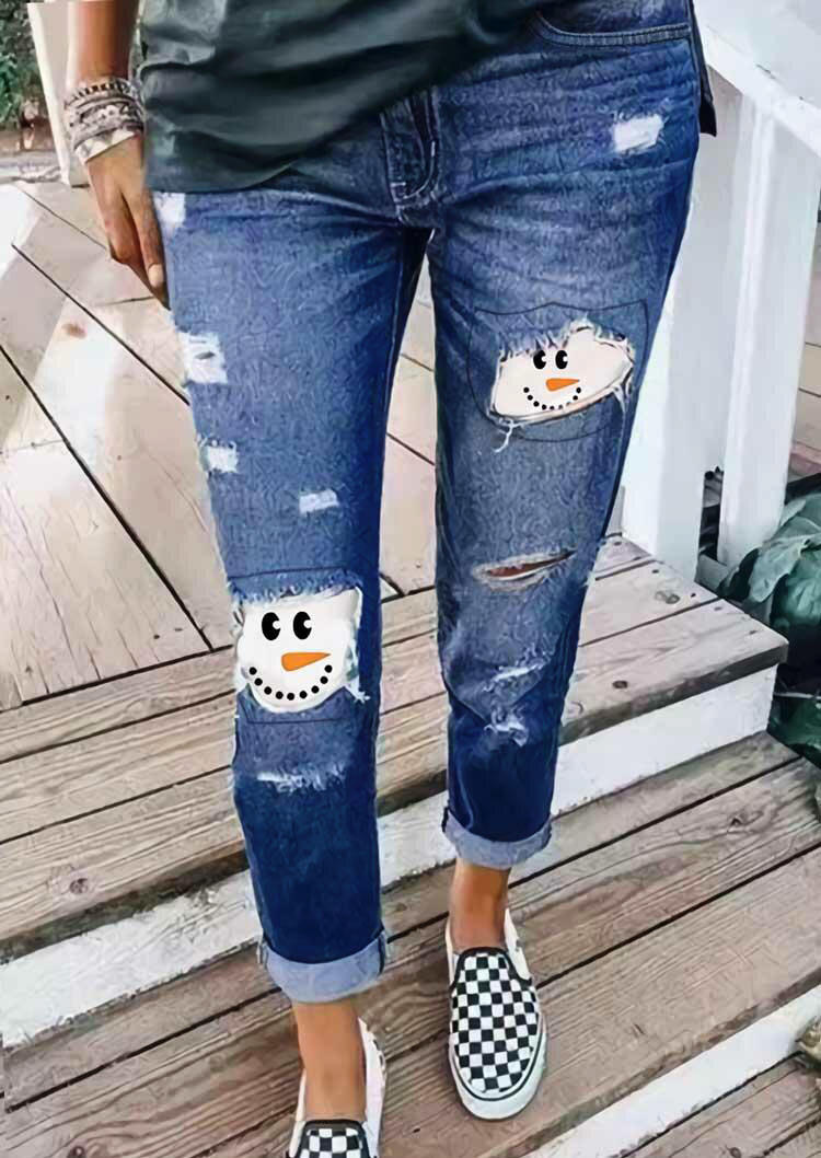 

Christmas Snowman Patch Ripped Hole Distressed Denim Jeans - Blue, 489736