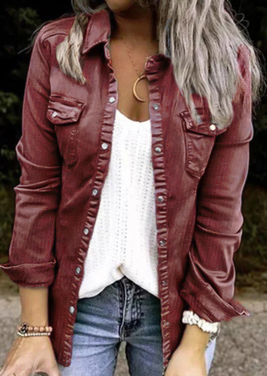 

Snap Button Pocket Ruffled Long Sleeve Jacket - Red, 521150