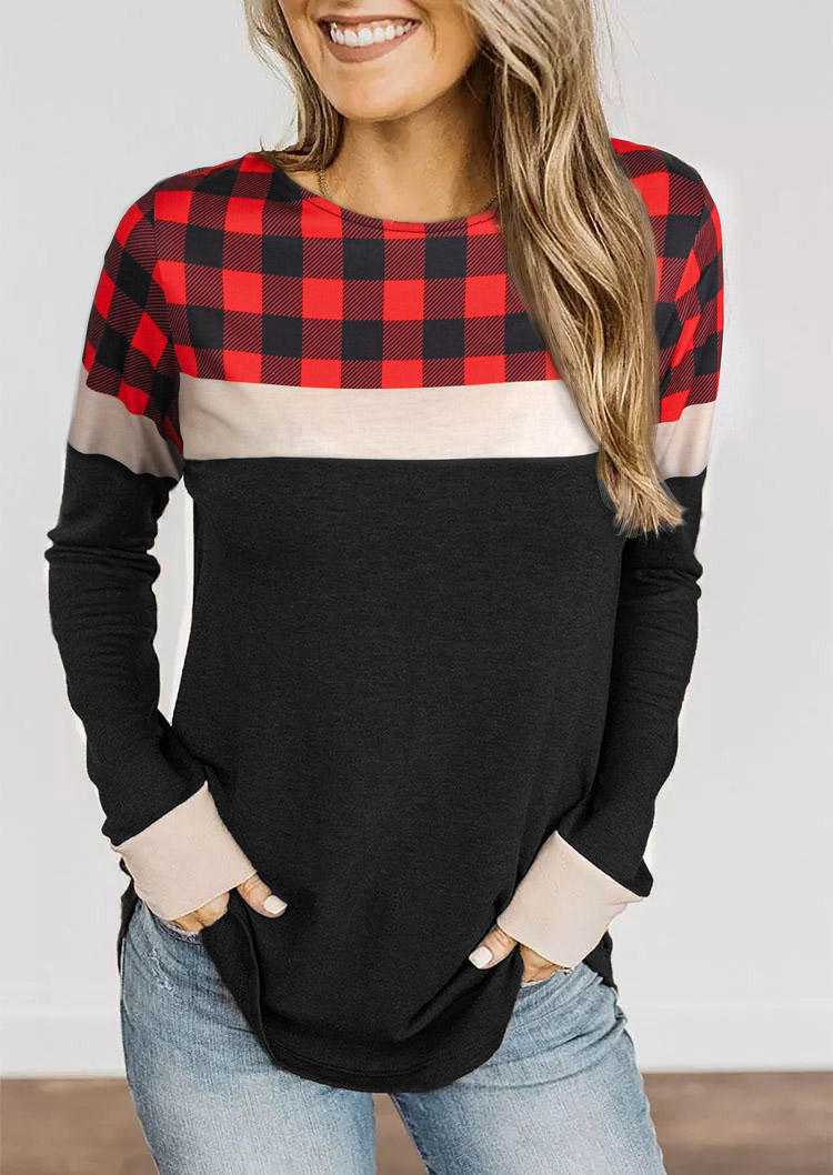 

Plaid Splicing Long Sleeve Blouse - Black, 521348