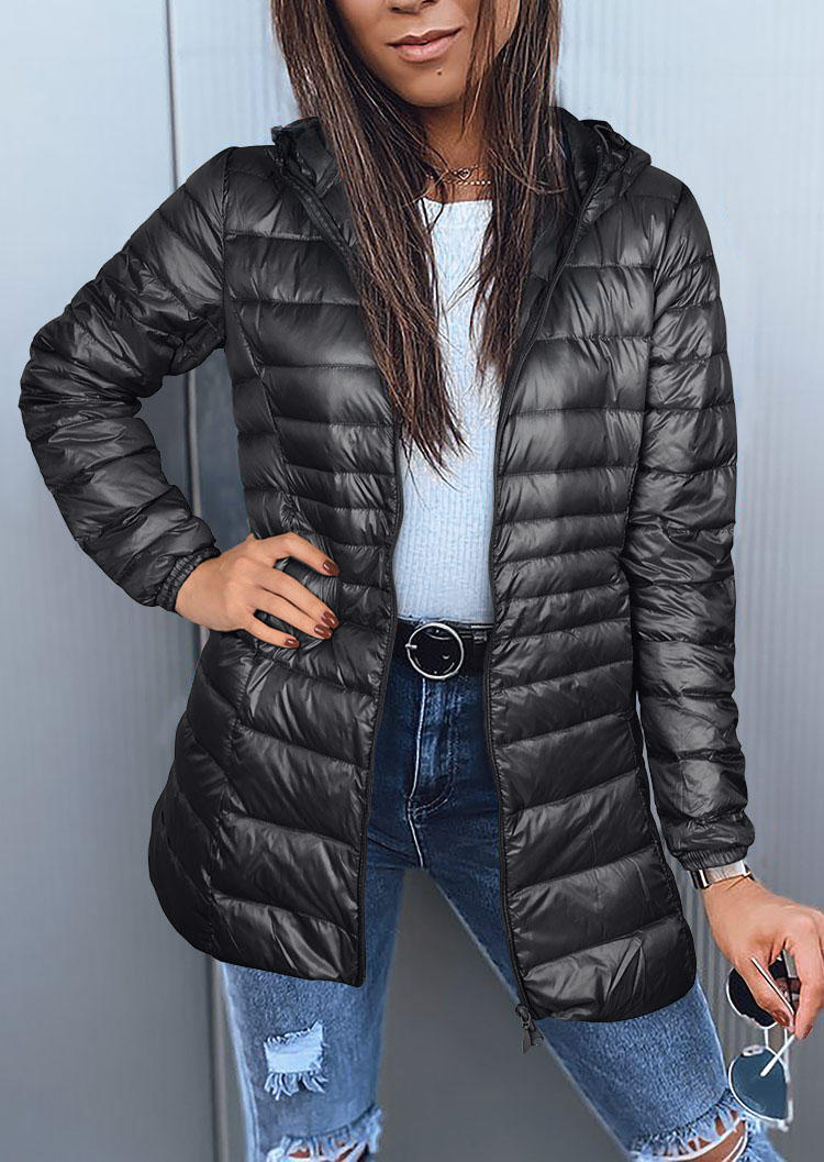 

Zipper Hooded Long Sleeve Down Coat - Black, 521372
