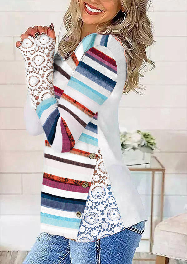 

Colorful Striped Lace Splicing Long Sleeve Blouse - White, 521714