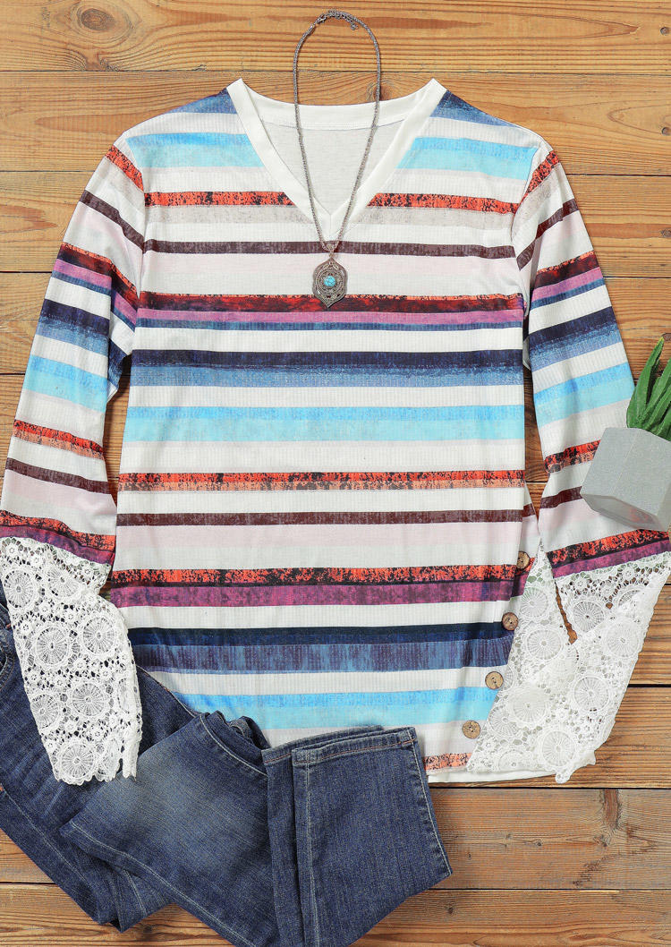 Colorful Striped Lace Splicing Long Sleeve Blouse - White