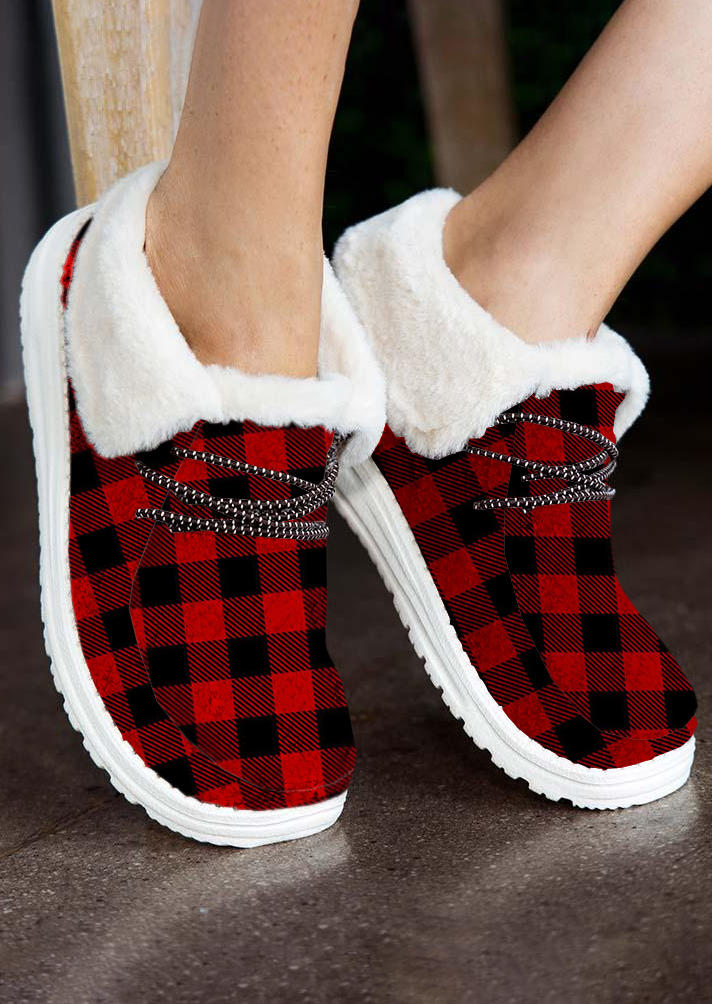 

Christmas Buffalo Plaid Plush Flat Sneakers - Red, 522353