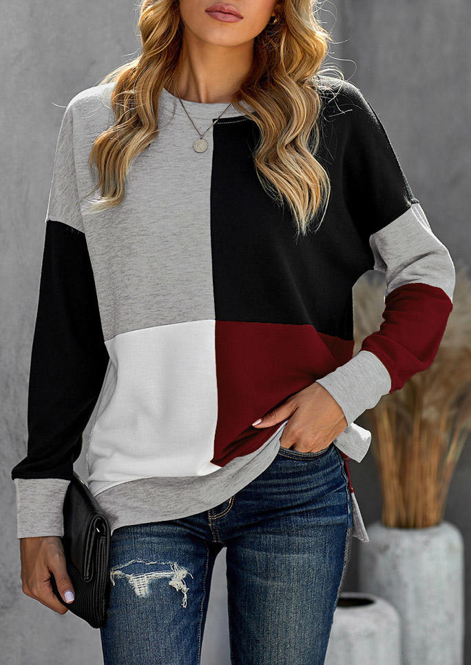 

Color Block Slit Long Sleeve O-Neck Sweatshirt, Multicolor, 522405