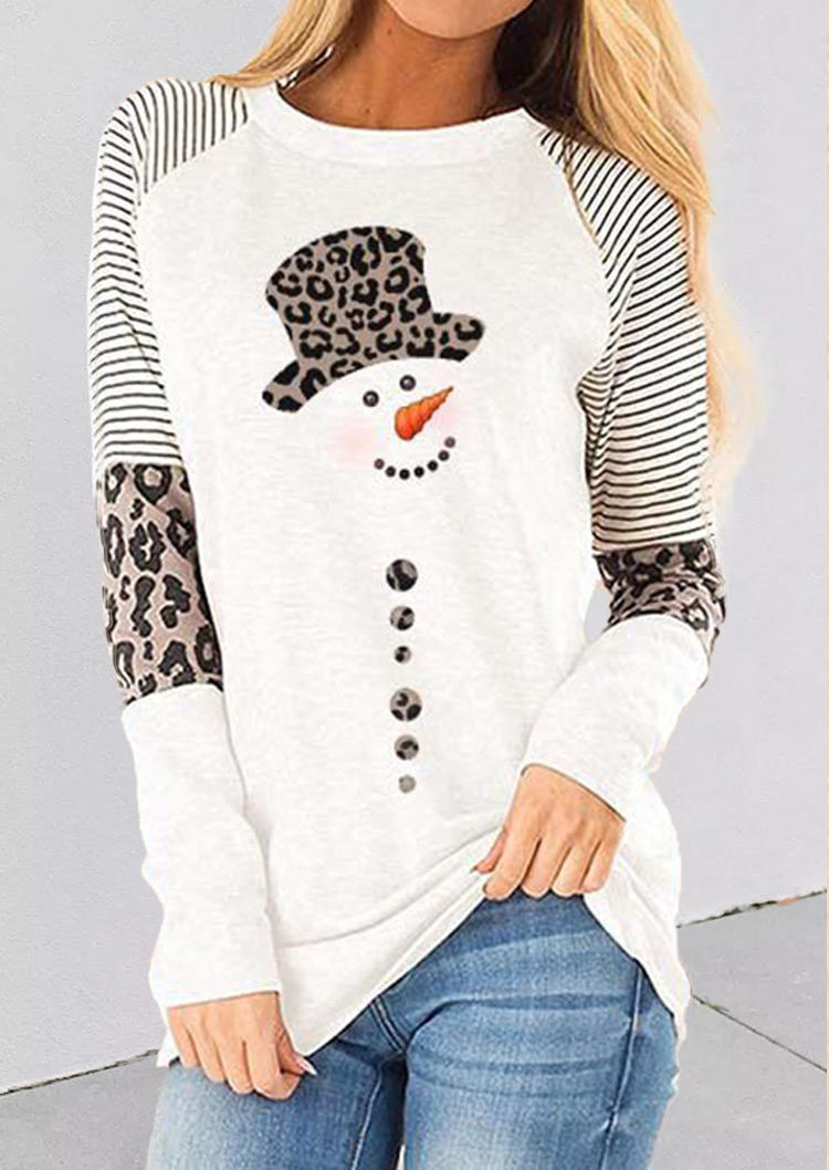 

Christmas Snowman Striped Leopard T-Shirt Tee - White, 522442