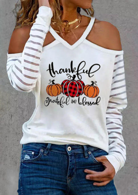 

Thankful Grateful And Blessed Plaid Pumpkin Blouse - White, 522549