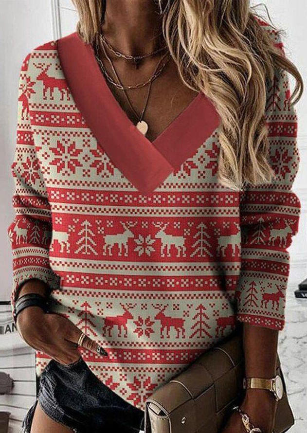 

Christmas Reindeer Snowflake V-Neck Blouse, Multicolor, 522739