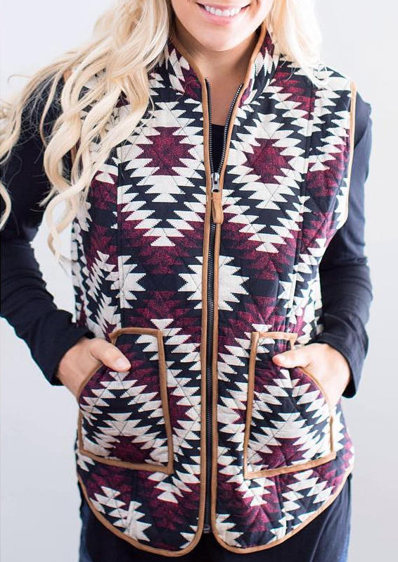 

Aztec Geometric Zipper Pocket Sleeveless Vest Coat, Multicolor, 522740
