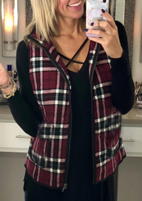 

Plaid Zipper Vest Coat - Red, 522745
