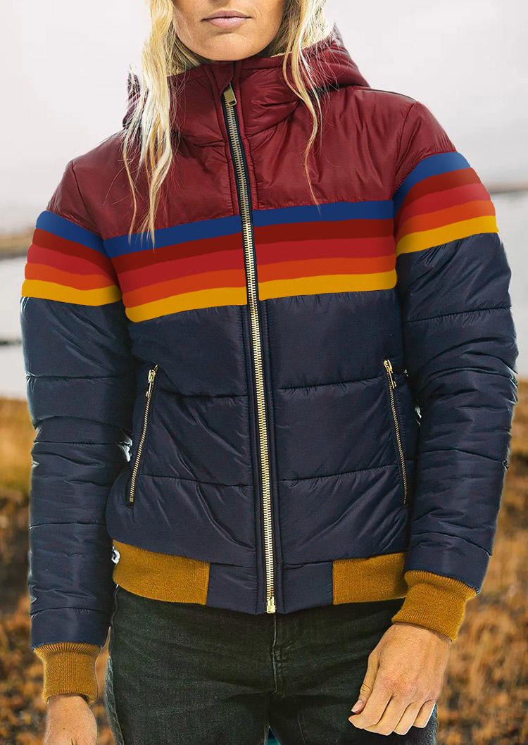 

Rainbow Zipper Pocket Hooded Parka Coat, Multicolor, 521907