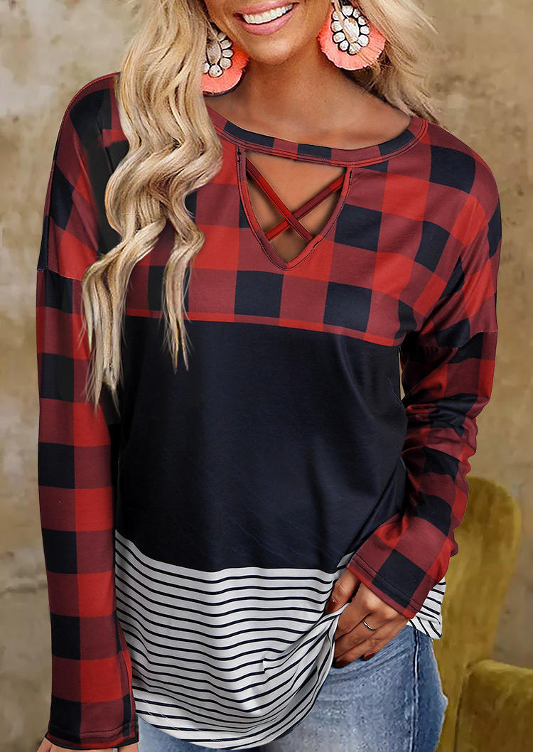 

Plaid Striped Hollow Out Criss-Cross Blouse, Multicolor, 521578