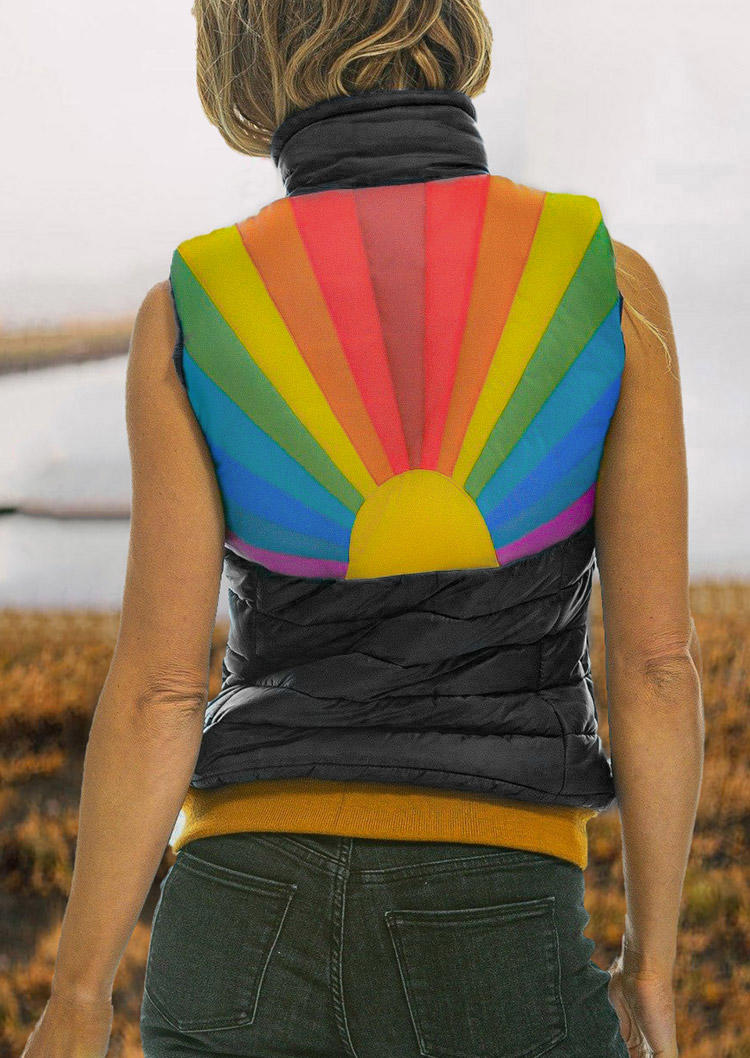 

Rainbow Stand Collar Parka Vest Coat - Black, 521705