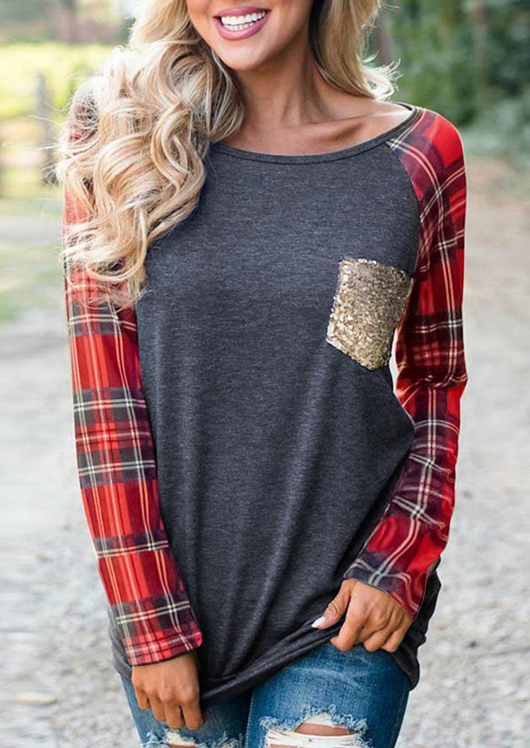 

Sequined Pocket Plaid Raglan Sleeve Blouse - Gray, 521970