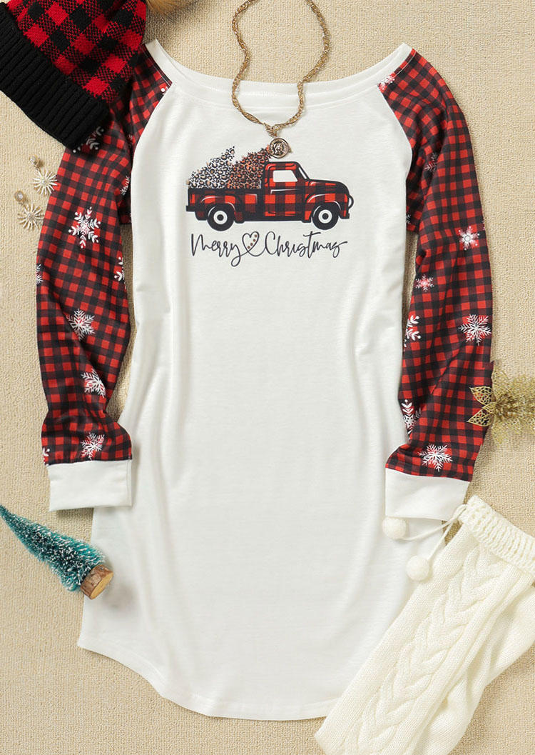 Merry Christmas Tree Plaid Truck Mini Dress - White