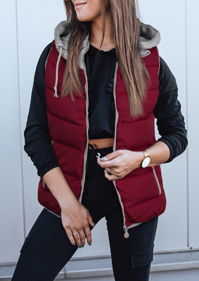 

Pocket Zipper Hooded Vest Parka Coat - Burgundy, 522317