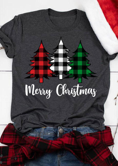 

Merry Christmas Tree Plaid T-Shirt Tee - Dark Grey, Gray, 522347