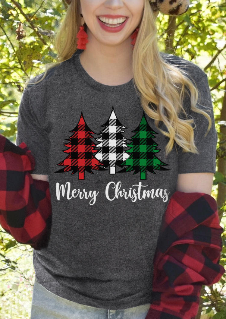 Merry Christmas Tree Plaid T-Shirt Tee - Dark Grey