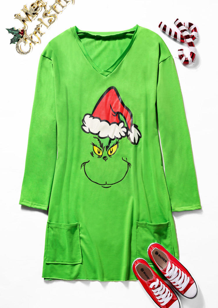 Christmas Hat Cartoon Pocket Mini Dress - Green