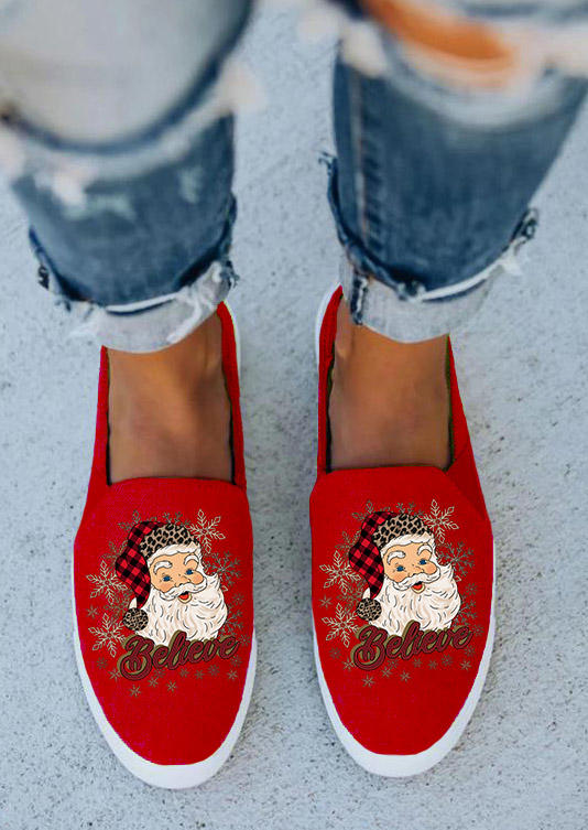 

Christmas Santa Claus Leopard Plaid Believe Flat Sneakers - Red, 522725