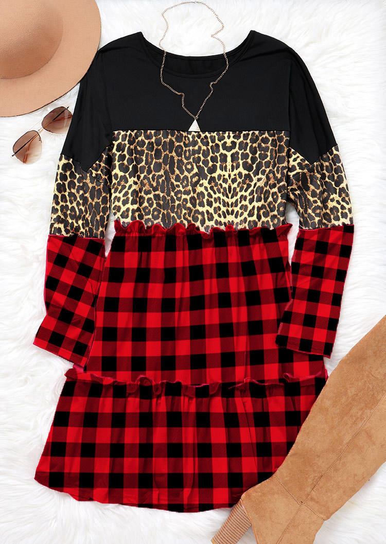 Leopard Buffalo Plaid Ruffled Mini Dress - Red