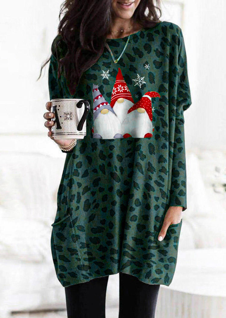 

Christmas Leopard Gnomies Pocket Mini Dress - Green, 522766