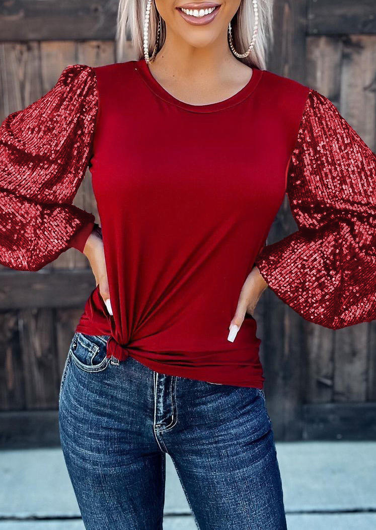 

Sequined Splicing O-Neck Long Sleeve Blouse - Burgundy, 522825