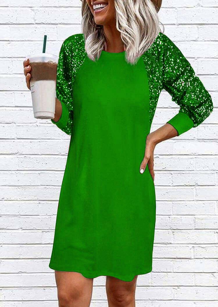 Sequined Splicing Raglan Sleeve Mini Dress - Green